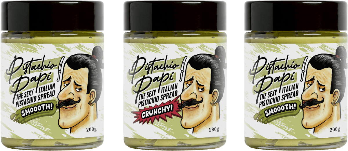 Three jars of Pistachio Papi spread